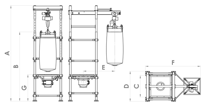Technical drawing of Gimat bulk bag discharger with hoist