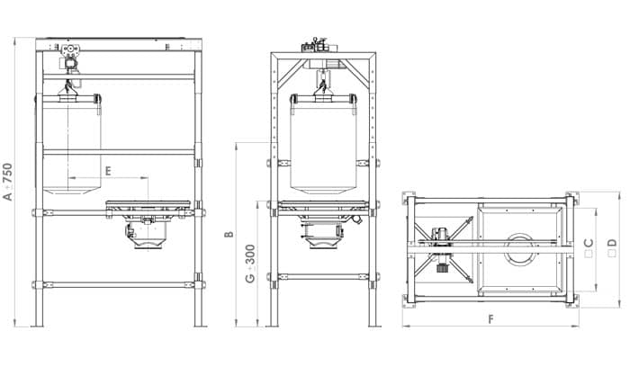 Bulk bag discharger with overhead crane: drawing and dimensions