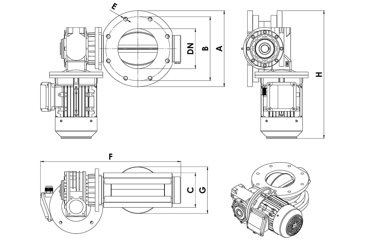 Rotary valve PN10 flang fitting technical drawing