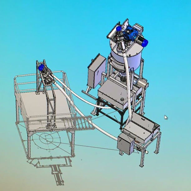 Bulk material handling line drawing: sack tip hopper, flexible screw coveyors and vertical ribbon mixer